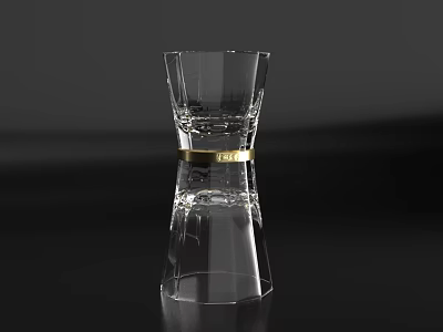Transparent Glass Cup With Gold Ring And Reflection On Black Background 3d model