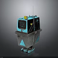 Turquoise Robot Character With Metallic Body Control Panel Antenna And Yellow Button Details