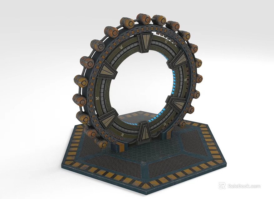Circular Mechanical Structure Design With Base Platform Metal Gears Blue Accents And Yellow Stripes 3d model 