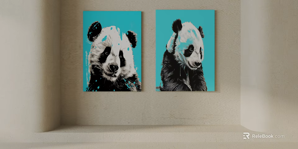 Modern Panda Animal Paintings Blue Background Canvas Wall Art Decor 3d model 