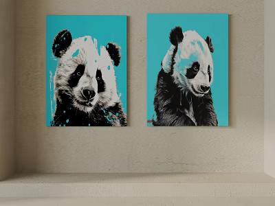 Modern Panda Animal Paintings Blue Background Canvas Wall Art Decor 3d model
