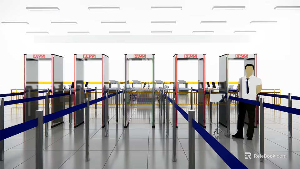 Public Facility Security Checkpoint Featuring Metal Detectors Security Personnel Blue Barriers And Shiny Tiled Floor 3d model 
