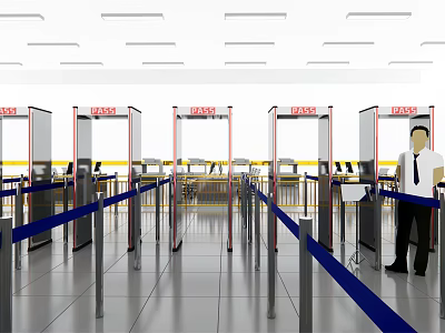 Public Facility Security Checkpoint Featuring Metal Detectors Security Personnel Blue Barriers And Shiny Tiled Floor 3d model
