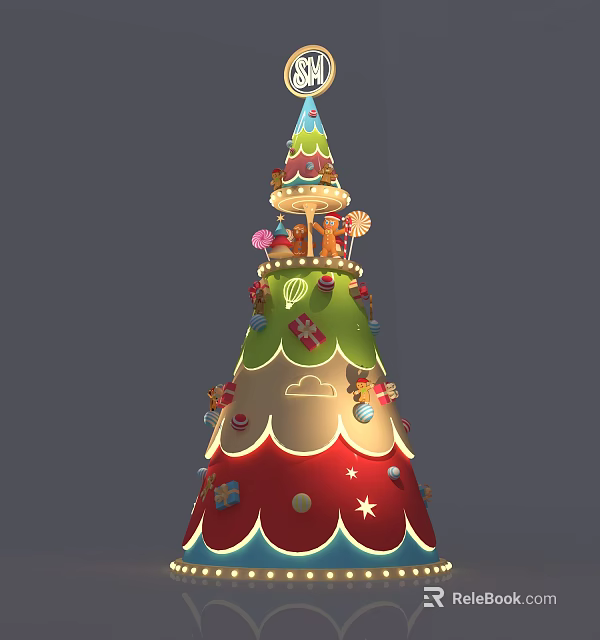 Colorful Decorated Christmas Tree With Gifts Candies Stars Cloud Patterns And Festive Design 3d model 