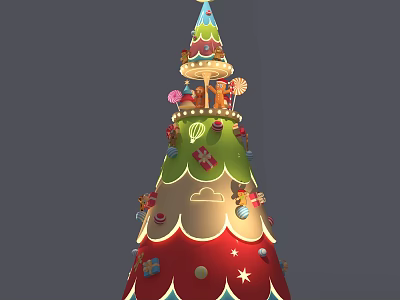 Colorful Decorated Christmas Tree With Gifts Candies Stars Cloud Patterns And Festive Design 3d model