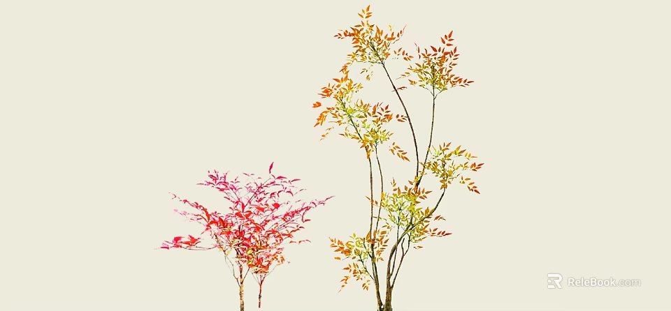 Vibrant Red Pink and Yellow Green Shrub Leaves on Light Background 3d model 