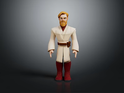 Animated Game Character With Blonde Hair Beard White Robe Brown Belt And Red Boots 3d model