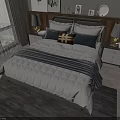 Cozy Double Bed With Gray Blue Pillows Striped Blanket Wooden Wall And Window View