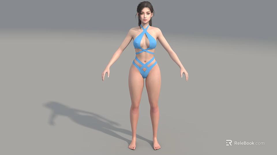 Woman in Blue Crisscross Halter Bikini Posing Barefoot on Gray Background with Arms Outstretched 3d model 