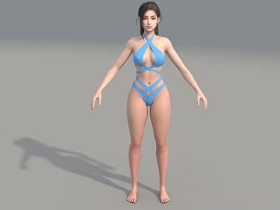 Woman in Blue Crisscross Halter Bikini Posing Barefoot on Gray Background with Arms Outstretched 3d model