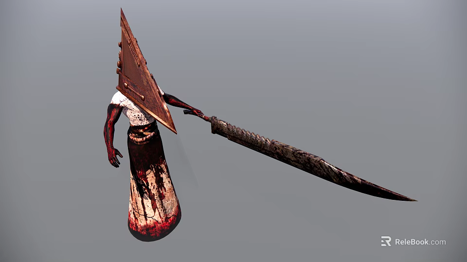 Game Movie Character With Wooden Triangular Plank Head Bloodstained Body And Large Sword 3d model 