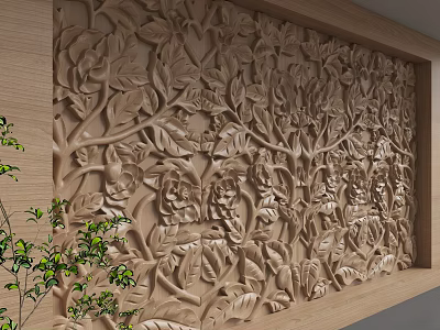Decorative Background Wall With 3D Leaf Floral Relief Design And Wooden Frame 3d model