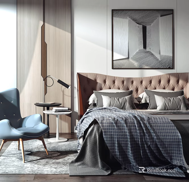 Elegant Luxury Bedroom With Background Double Bed Blue Chair Table Lamp And Plaid Blanket 3d model 