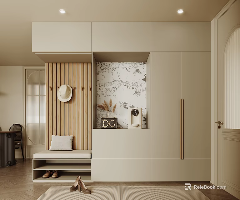 Elegant Modern Entryway with Wooden Partition White Shoe Cabinet Bench Decorative Painting Hat Dried Flowers 3d model 