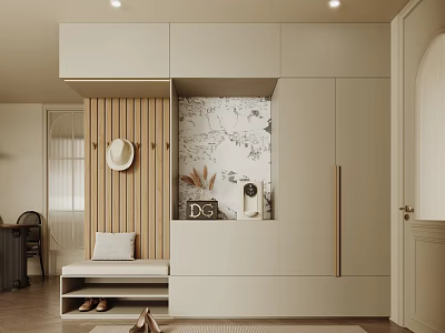 Elegant Modern Entryway with Wooden Partition White Shoe Cabinet Bench Decorative Painting Hat Dried Flowers 3d model