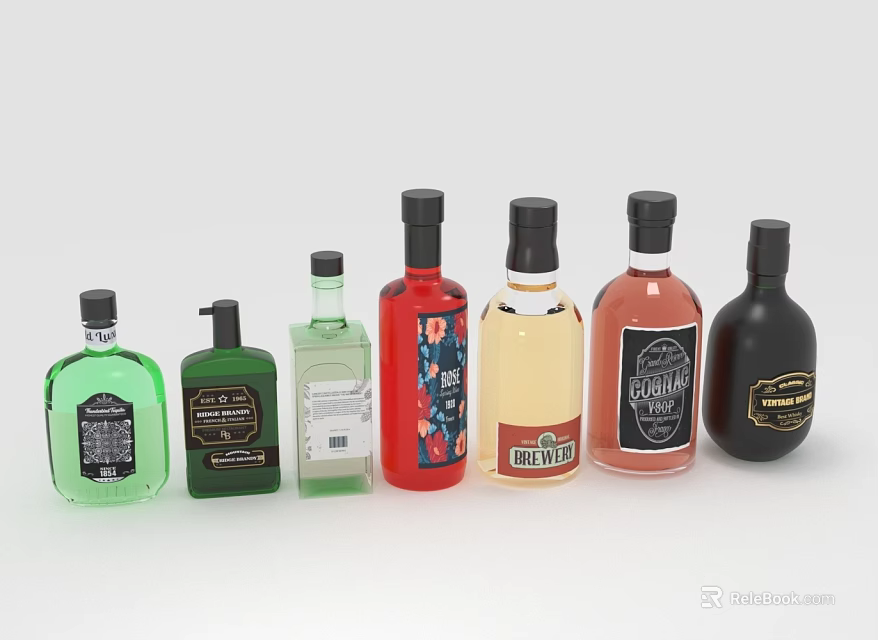 Assorted Wine Bottles and Glasses with Vibrant Colors Unique Labels and Stylish Designs 3d model 