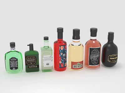 Assorted Wine Bottles and Glasses with Vibrant Colors Unique Labels and Stylish Designs 3d model