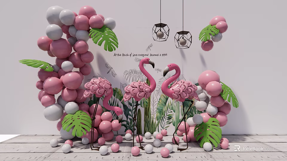 Inflatable Pink Flamingo Decorations With White Pink Balloons And Green Leaves 3d model 