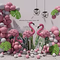 Inflatable Pink Flamingo Decorations With White Pink Balloons And Green Leaves