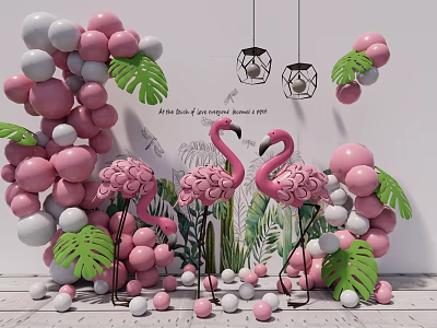 Inflatable Pink Flamingo Decorations With White Pink Balloons And Green Leaves 3d model