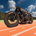 Honda Vintage Cafe Racer Motorcycle With Orange Seat On Orange Track Blue Sky Green Hills