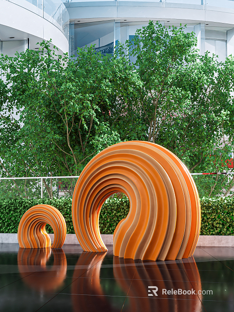 Spiral Shaped Orange Landscape Sculptures With Green Trees And Bushes Background 3d model 