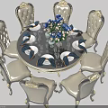 Classic Round Dining Table Set With Six Ornate Chairs And Blue Flower Bouquet