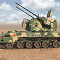 Military Functional Vehicle Featuring Twin Cannons Radar Camouflage Paint XT003 Red Star On Desert Terrain