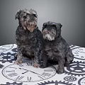 Two Small Dogs Sitting Together on Table with Gear and Clock Patterns 3d model