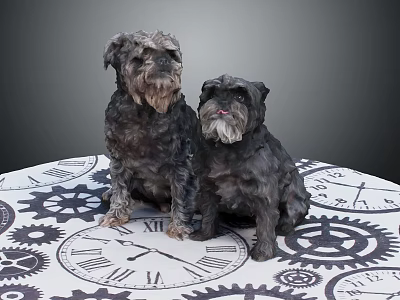 Two Small Dogs Sitting Together on Table with Gear and Clock Patterns 3d model