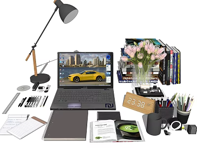 Modern Desk Setup With Laptop Pink Tulips Books Desk Lamp And Coffee Mug 3d model