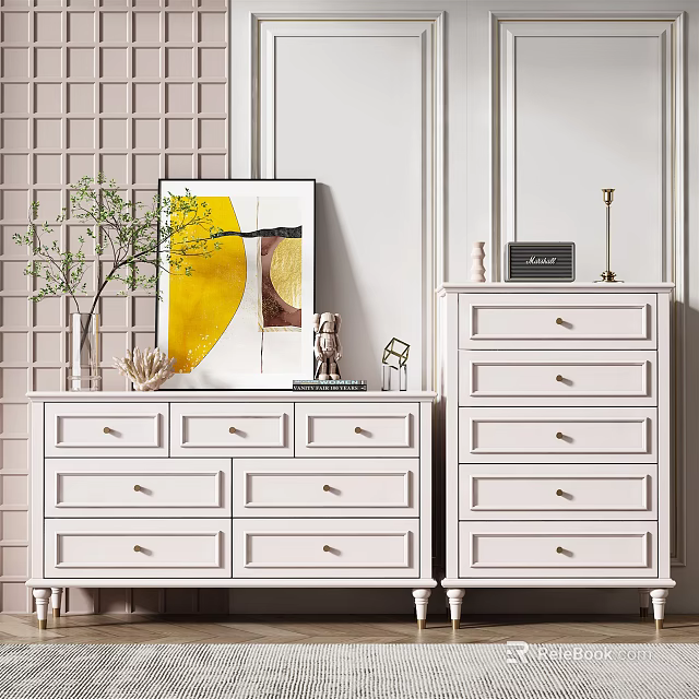 Minimalist White Chest of Drawers With Yellow Artwork Green Plant And Decorative Accents 3d model 