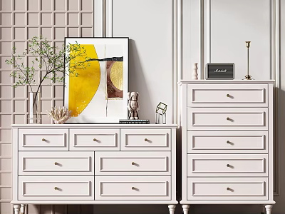 Minimalist White Chest of Drawers With Yellow Artwork Green Plant And Decorative Accents 3d model