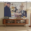 Modern Wooden TV Stand With Storage Shelves And Floor Lamp Near TV