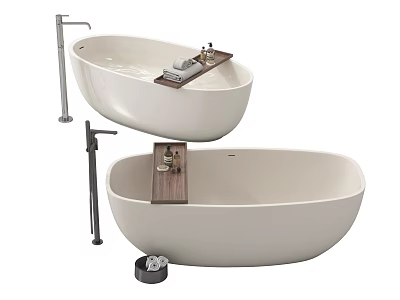 Modern Sleek Oval Freestanding Bathtub with Wooden Tray and Chrome Faucet 3d model