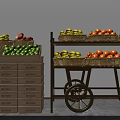 Wooden Display Shelves with Rolling Cart Holding Fruit Baskets and Stacked Crates