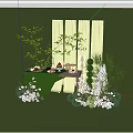 Outdoor Setup With Green Table Food Drinks Pink Flowers Green Plants And White Backdrop