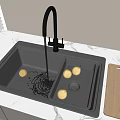 Black Kitchen Sink With Faucet Running Water Pears And Wooden Cutting Board On White Marble