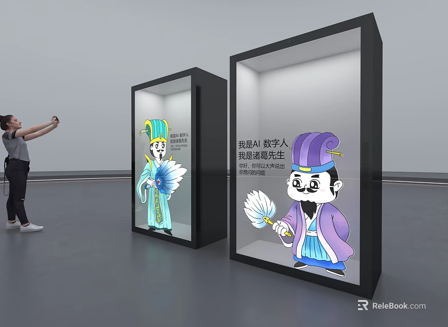 Photo Check-in Spot With Ancient Costume Cartoon Characters In Display Cabinets For Taking 3d model 
