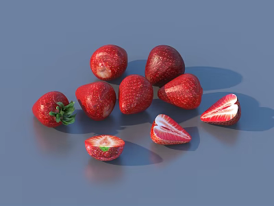 Fresh Ripe Red Strawberries Whole And Sliced Arranged On Blue Background Surface 3d model