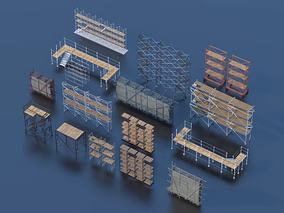 Various Types of Construction Scaffolding and Racks with Metal Wooden Frames 3d model