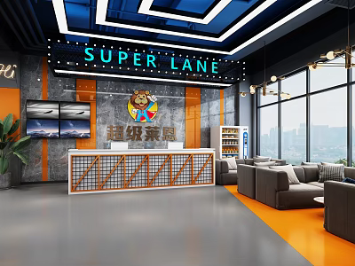 Super Lane Fitness Center Reception With Sofa Seating TV Screens And Large Windows 3d model