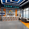 Super Lane Fitness Center Reception With Sofa Seating TV Screens And Large Windows