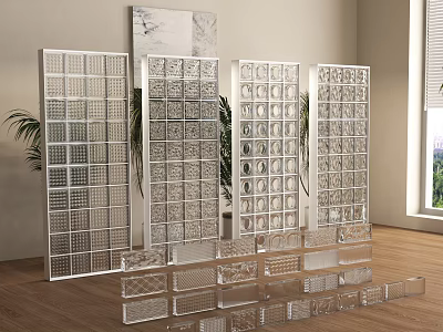 Transparent Glass Partition With Various Design Glass Blocks In Interior With Wooden Floor And Plants 3d model