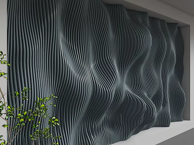 Modern Textured Background Wall With Wavy Dark Gray Lines And Green Plants 3d model