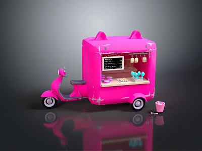 Pink Cat Ear Food Truck With Cute Exterior And Mobile Display Design 3d model