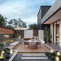 Modern Courtyard Garden With Wooden Deck Dining Table Chairs Green Plants Stone Steps And Lighting