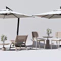 Outdoor Table and Chair Set With Umbrellas Potted Plants and Rattan Furniture Design