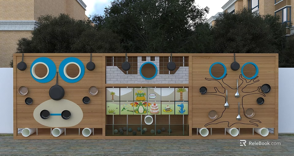 Kindergarten Exterior Wall With Colorful Circular Decorations Wooden Panels And Stone Textures 3d model 