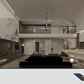 Modern Open Living And Dining Room Interior With Chandelier Sofa And Marble Wall